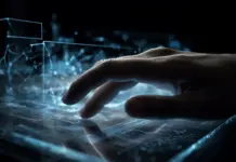 AI-generated futuristic glowing computer with person typing, symbolizing the impact of artificial intelligence on UX design