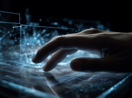 AI Impact on UX Design AI-generated futuristic glowing computer with person typing, symbolizing the impact of artificial intelligence on UX design