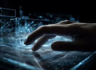 AI Impact on UX Design AI-generated futuristic glowing computer with person typing, symbolizing the impact of artificial intelligence on UX design