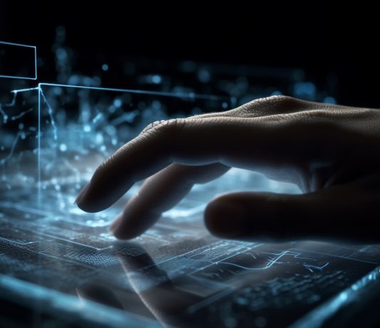 AI-generated futuristic glowing computer with person typing, symbolizing the impact of artificial intelligence on UX design