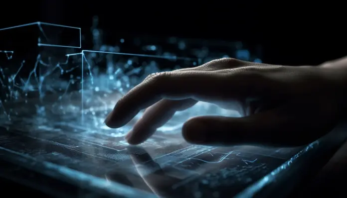 AI's Role in Revolutionizing UX Design: Impact on User Experience AI-generated futuristic glowing computer with person typing, symbolizing the impact of artificial intelligence on UX design